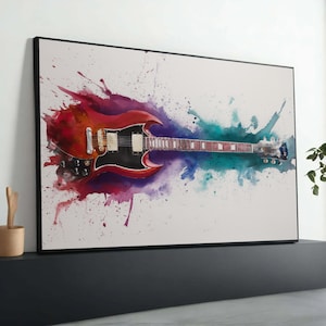 Electric Guitar Watercolor Art, Rock Music Canvas Wall Art, Abstract Guitar Splash Painting, Modern Home Decor, Musical Luxury Home Decor