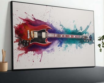 Akwarela na płótnie z gitarą elektryczną: abstrakcyjna muzyka rockowa, wystrój domu