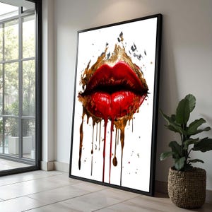 Bold Red Lips with Gold Drips | Glamorous Lip Art Print | Fashionable Modern Canvas | Luxury Lip Decor | Gift for Makeup Lovers
