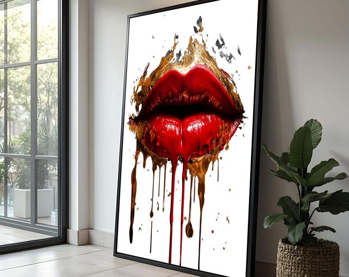 Luxurious Red Lips Art Print - Bold Lipstick Wall Art, Gold Drip Mouth ...