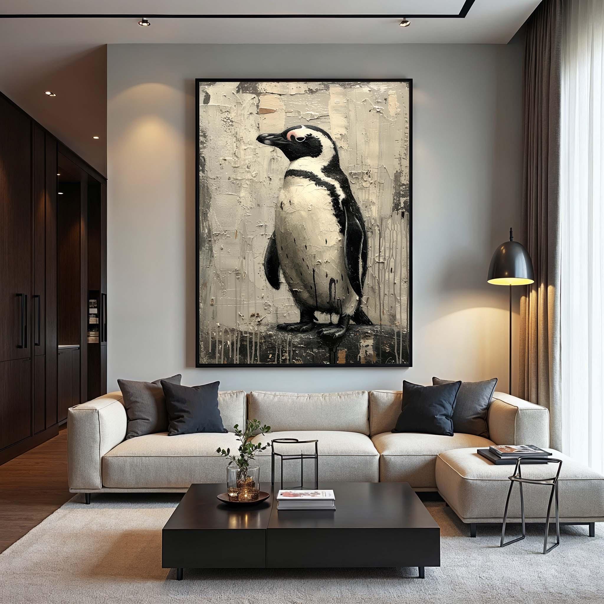テクスチャペンギンキャンバスアート：素朴な白黒動物画 - Etsy 日本