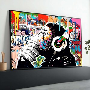 Pop Art Graffiti Monkey with Headphones | Colorful Urban Wall Art | Contemporary Comic-Inspired Painting | Street Art Decor