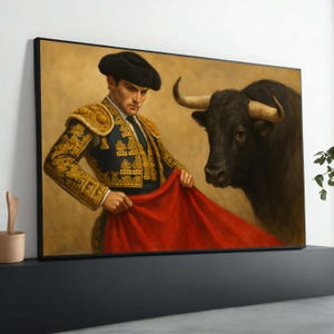 Classic Matador and Bull Canvas Wall Art, Spanish Bullfighting Scene, Traditional Costume Canvas, Red Cape Art, Home Decor Luxury Home Decor