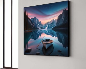 May include: A painting of a mountain lake with a small wooden boat in the center. The lake is calm and reflects the mountains and sky. The sky is a deep blue with a few stars visible. The mountains are a dark purple and blue color. The boat is a light brown color with a white bottom.
