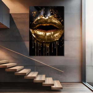 Golden Lips Drip Art: Glam Black and Gold Canvas Print - Etsy