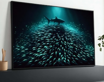 Shark and School of Fish Canvas Print: Underwater Ocean Art