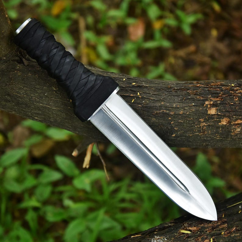 May include: A silver and black dagger with a double-edged blade. The handle is wrapped in black leather. The dagger is resting on a tree branch, with green foliage in the background.