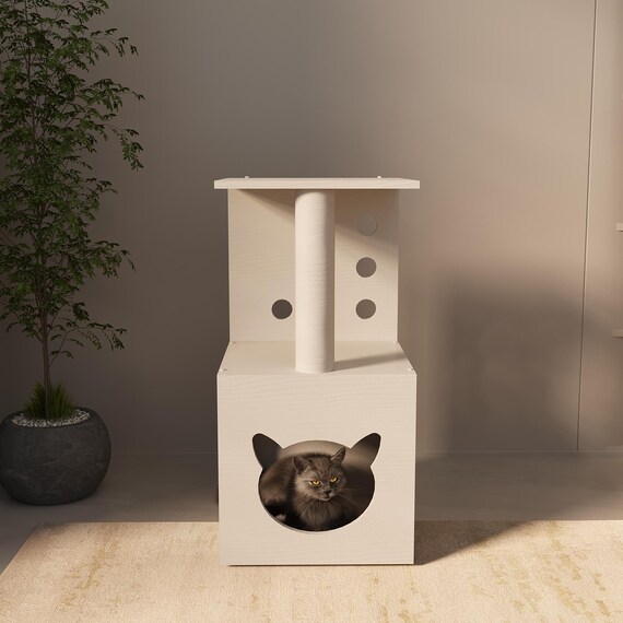 White Cat House Design Modern Wooden Cat Condo House, Indoor Pet