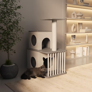 Cat House Design, Gray Cat Condo House, CNC Pet House, Wooden Cat Shelf, Cat House Indoor