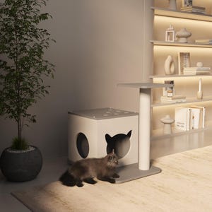 Modern Grey Cat House, Wooden Cat House, Unique Pet Furniture, Cat Bed, Cat House Interior