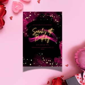 Digitale 18. Geburtstagseinladung, Glam, Glitter, bearbeitbar, bearbeitbare Canva-Vorlage, einladen für Sie, Pink und Gold