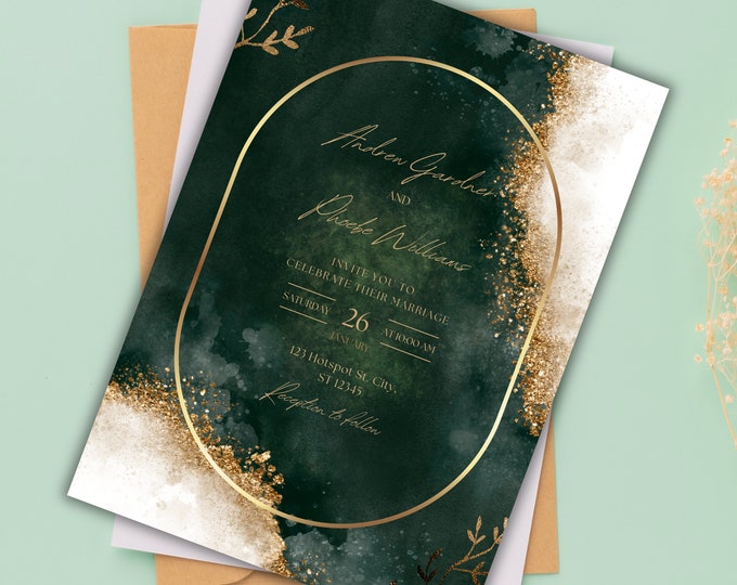Emerald Green and Gold Wedding Invitation Template, Gold Foil Wedding ...