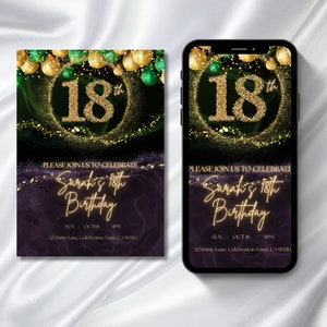 Modèle numérique d'invitation d'anniversaire pour 18 ans, or vert émeraude, invitation électronique à une fête pour 18e anniversaire, invitation numérique imprimable, téléchargement immédiat