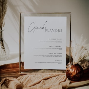 Bearbeitbares Cupcake-Menüschild, bearbeitbare Hochzeit-Cupcake-Schildvorlage, druckbares Geschmacksschild für Hochzeitstorte, modernes Hochzeitsschild, Canva AL1