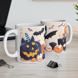 Halloween Mug | Black Pumpkin and Bat Design | Spooky Coffee Cup | Cute Halloween Kitchen Decor | Trick or Treat Drinkware | Fall Gift Idea