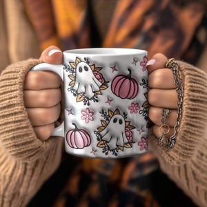 Niedliche Geist und Kürbis Tasse; Pastell Halloween Kaffeetasse; Gruseliges Herbst Blumengeist Geschenk für sie