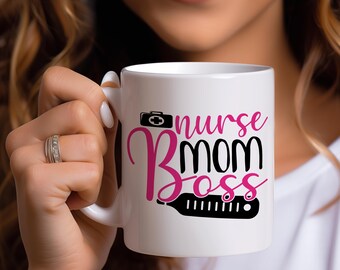 Nurse Mom Boss Mug ; Pink Black Nurse Gift for Women ; Funny Coffee Cup for RN ; Mom Life Nursing Mug ; Boss Nurse Present Idea