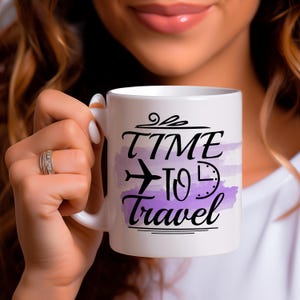Time to Travel Mug ; Airplane Design Cup ; Purple Watercolor Pattern ; Wanderlust Gift ; Travel Lover Present ; Ceramic Coffee Cup