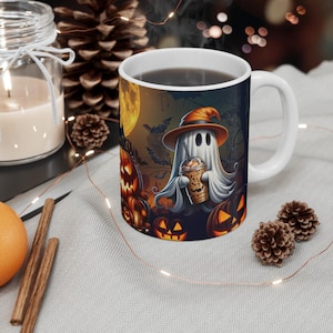 Halloween Mug | Creepy Scarecrow and Ghost Pumpkin Design | Perfect for Spooky Season