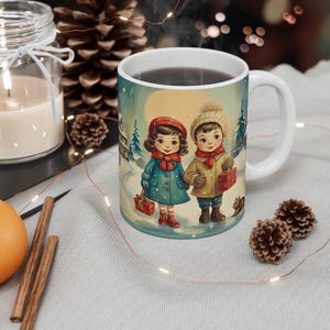 Christmas Mug; Vintage Holiday Children Illustration; Nostalgic Winter Scene