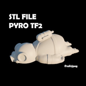 May include: White 3D printed model of a Pyro from Team Fortress 2, lying on its back with its arms outstretched. The model is wearing a gas mask and has a backpack.