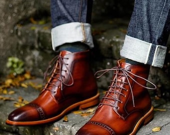 Handmade Men's Brown Ankle Boots, Cap Toe Lace Up Leather Dress Boots