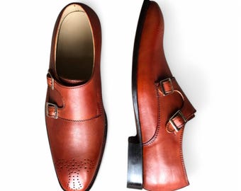 Handmade Double Monk Strap Shoes for Men – Genuine Brown Leather Dress Shoes, Classic Formal Footwear, Handcrafted Luxury Shoes