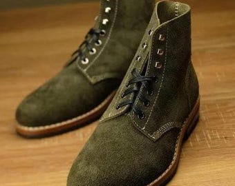 Handmade Men's Green Suede Ankle Boots, Derby Lace Up  Ankle Leather Dress Boots
