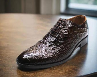Men’s Handmade Brown Alligator Oxford shoes,Men’s crocodile embossed Lace Up shoes