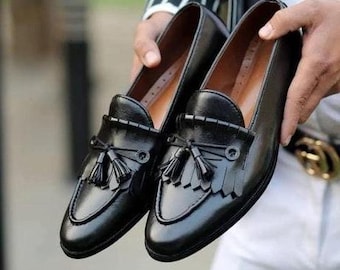 Handmade Men's Black Colour Tussles Loafers, Elegant Formal Slip On Shoes