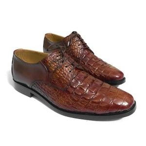 Men’s Handmade Tan Alligator Derby shoes,Men’s crocodile embossed Lace Up shoes