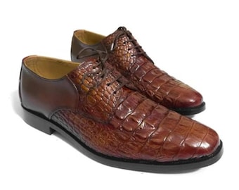 Men’s Handmade Tan Alligator Derby shoes,Men’s crocodile embossed Lace Up shoes
