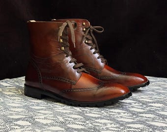 Handmade Wing Tip Brogue Boots, Brown Colour Ankle High Boots, Men's Cowhide Leather Goodyear Welted Boots