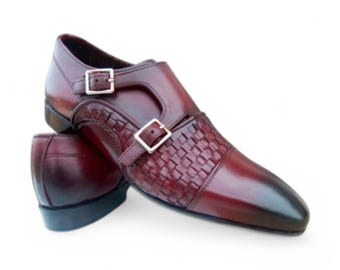 Handmade Men's Burgundy Leather Double Monk Strap Shoes – Classic Buckle Dress Shoes, Custom Fit Formal Footwear.