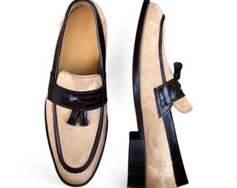 Mocassins Beige Faits À La Main, Chaussures à enfiler en cuir de vachette et daim pour homme | Mocassins cousus Goodyear