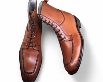 Handmade Men's Brown Leather Lace-Up Boots – Premium Cowhide Leather, Custom Fit Ankle Boots, Classic Dress Boots.