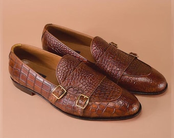 Handmade Men’s Alligator Monk shoes, Men's crocodile embossed Loafers, Luxury Crocodile Leather Shoes for Men - Gift For Him