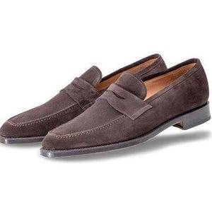 Handmade Men's Brown Colour Suede Penny Loafers, Formal Slip On Shoes