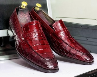 Zapatos de cuero pintados a mano, mocasines de punta cuadrada, mocasines de piel de caimán para hombre.