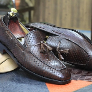 Handmade Brown Python Skin Texture Leather Loafers, Men's Slip On Moccasin Shoes, Dress Shoes, Office Shoes