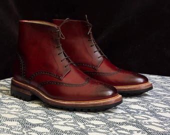 Handmade Wing Tip Brogue Boots, Burgundy Colour Ankle High Boots, Men's Cowhide Leather Goodyear Welted Boots