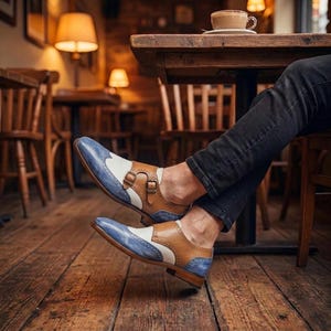 Handmade blue and white spectator monk strap shoes for men featuring premium leather construction, elegant brogue detailing, and artisan craftsmanship.

Two tone monk strap dress shoes crafted from genuine cowhide leather with vintage-inspired formal styling and durable leather sole.

Elegant handmade men’s formal shoes featuring blue leather finish, white contrast panels, monk buckle closure, and handcrafted detailing.
