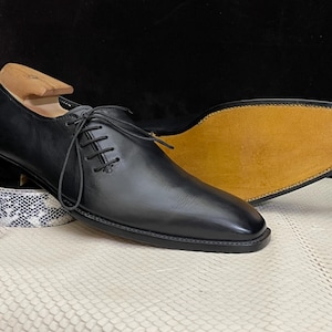 Men’s Handmade Black Side Lace-Up Shoes – Sleek Cowhide Leather Dress Shoes – Unique Custom Fit Artisan Footwear