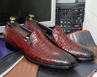 Handmade Alligator Shoes Texture Alligator Leather Loafers, Black Round Toe Dress Formal Slip On Moccasins For Men