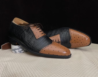 Handmade Men's Black & Tan Wingtip Dress Shoes – Ostrich Embossed Leather, Brogue Oxford, Custom Fit Formal Footwear.