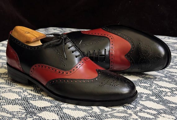 Handmade Men's Black & Red Wingtip Brogue Cow-Hide Leather Shoes, Lace-Up Oxford Style, Custom Fit Dress Shoes.