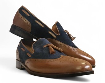 Handmade Brown & Blue Colour Tussles Loafers, Cowhide Leather and Suede Slip-On Shoes for Men | Goodyear Welted Moccasins
