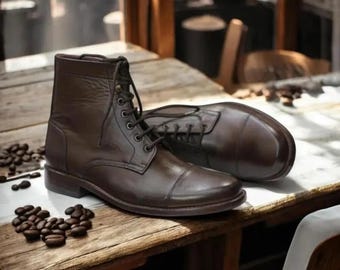 Men's Hand-Stitched Dark Brown Cap Toe Boots | Luxury Premium Leather Classic Boots | Men's Stylish Dress Up Formal Wear Boots