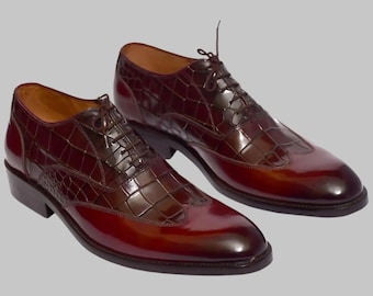 Handmade Men’s Maroon Crocodile Texture Leather Oxford Shoes | Handcrafted Alligator Print Formal Wingtip Dress Shoes | Bespoke Gift for Him