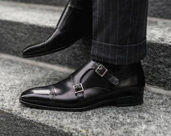 Handmade Men's Black Colour Double Monk Shoes, Cap Toe Formal Buckle Shoes